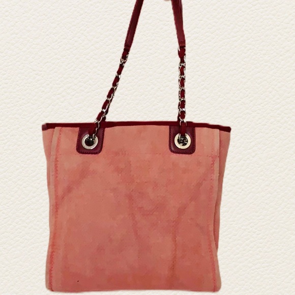 Auth CHANEL Deauville Canvas Chain Lambskin Tote - Picture 3 of 12